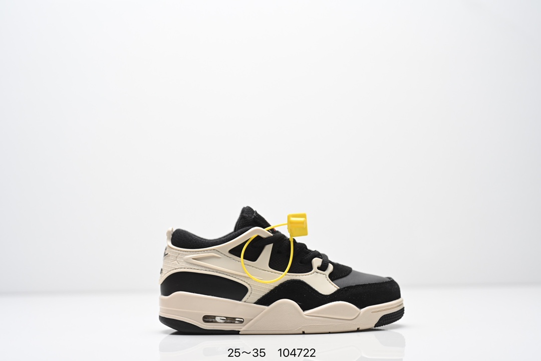 集合 童鞋Air Jordan AJ4 RM 重制版低帮复古篮球鞋 实拍首发 采用了低帮的设计 并保留了众多AJ4的经典元素 鞋身以皮革 麂皮材质拼接打造 AJ4经典的TPU材质延伸至后跟 增强鞋款稳定性 而鞋身侧面的网格设计则被取消 尾部的NIKE AIR标志也得到保留 并同时带有飞人logo 中底部分同样搭载了可视AIR气垫 鞋底采用米白色中底和外底呈现 为整个设计收尾 货号： FQ7940 300CF 尺码：25～35-选品中心