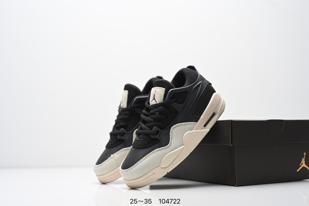 图片[6]-集合 童鞋Air Jordan AJ4 RM 重制版低帮复古篮球鞋 实拍首发 采用了低帮的设计 并保留了众多AJ4的经典元素 鞋身以皮革 麂皮材质拼接打造 AJ4经典的TPU材质延伸至后跟 增强鞋款稳定性 而鞋身侧面的网格设计则被取消 尾部的NIKE AIR标志也得到保留 并同时带有飞人logo 中底部分同样搭载了可视AIR气垫 鞋底采用米白色中底和外底呈现 为整个设计收尾 货号： FQ7940 300CF 尺码：25～35-选品中心