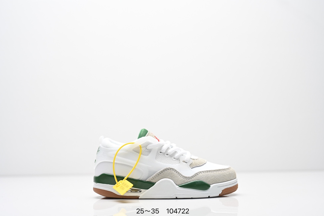 图片[4]-童鞋Air Jordan AJ4 RM 重制版低帮复古篮球鞋 实拍首发 采用了低帮的设计 并保留了众多AJ4的经典元素 鞋身以皮革 麂皮材质拼接打造 AJ4经典的TPU材质延伸至后跟 增强鞋款稳定性 而鞋身侧面的网格设计则被取消 尾部的NIKE AIR标志也得到保留 并同时带有飞人logo 中底部分同样搭载了可视AIR气垫 鞋底采用米白色中底和外底呈现 为整个设计收尾 货号： FQ7940 300CF 尺码：25～35-选品中心