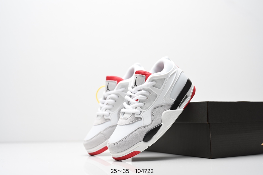 图片[6]-童鞋Air Jordan AJ4 RM 重制版低帮复古篮球鞋 实拍首发 采用了低帮的设计 并保留了众多AJ4的经典元素 鞋身以皮革 麂皮材质拼接打造 AJ4经典的TPU材质延伸至后跟 增强鞋款稳定性 而鞋身侧面的网格设计则被取消 尾部的NIKE AIR标志也得到保留 并同时带有飞人logo 中底部分同样搭载了可视AIR气垫 鞋底采用米白色中底和外底呈现 为整个设计收尾 货号： FQ7940 300CF 尺码：25～35-选品中心