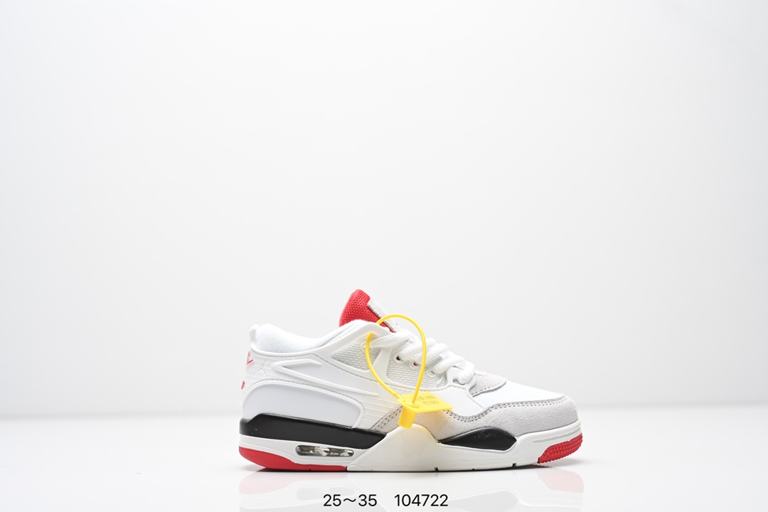 图片[5]-童鞋Air Jordan AJ4 RM 重制版低帮复古篮球鞋 实拍首发 采用了低帮的设计 并保留了众多AJ4的经典元素 鞋身以皮革 麂皮材质拼接打造 AJ4经典的TPU材质延伸至后跟 增强鞋款稳定性 而鞋身侧面的网格设计则被取消 尾部的NIKE AIR标志也得到保留 并同时带有飞人logo 中底部分同样搭载了可视AIR气垫 鞋底采用米白色中底和外底呈现 为整个设计收尾 货号： FQ7940 300CF 尺码：25～35-选品中心