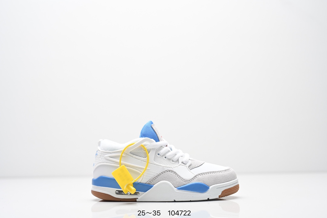 图片[2]-童鞋Air Jordan AJ4 RM 重制版低帮复古篮球鞋 实拍首发 采用了低帮的设计 并保留了众多AJ4的经典元素 鞋身以皮革 麂皮材质拼接打造 AJ4经典的TPU材质延伸至后跟 增强鞋款稳定性 而鞋身侧面的网格设计则被取消 尾部的NIKE AIR标志也得到保留 并同时带有飞人logo 中底部分同样搭载了可视AIR气垫 鞋底采用米白色中底和外底呈现 为整个设计收尾 货号： FQ7940 300CF 尺码：25～35-选品中心