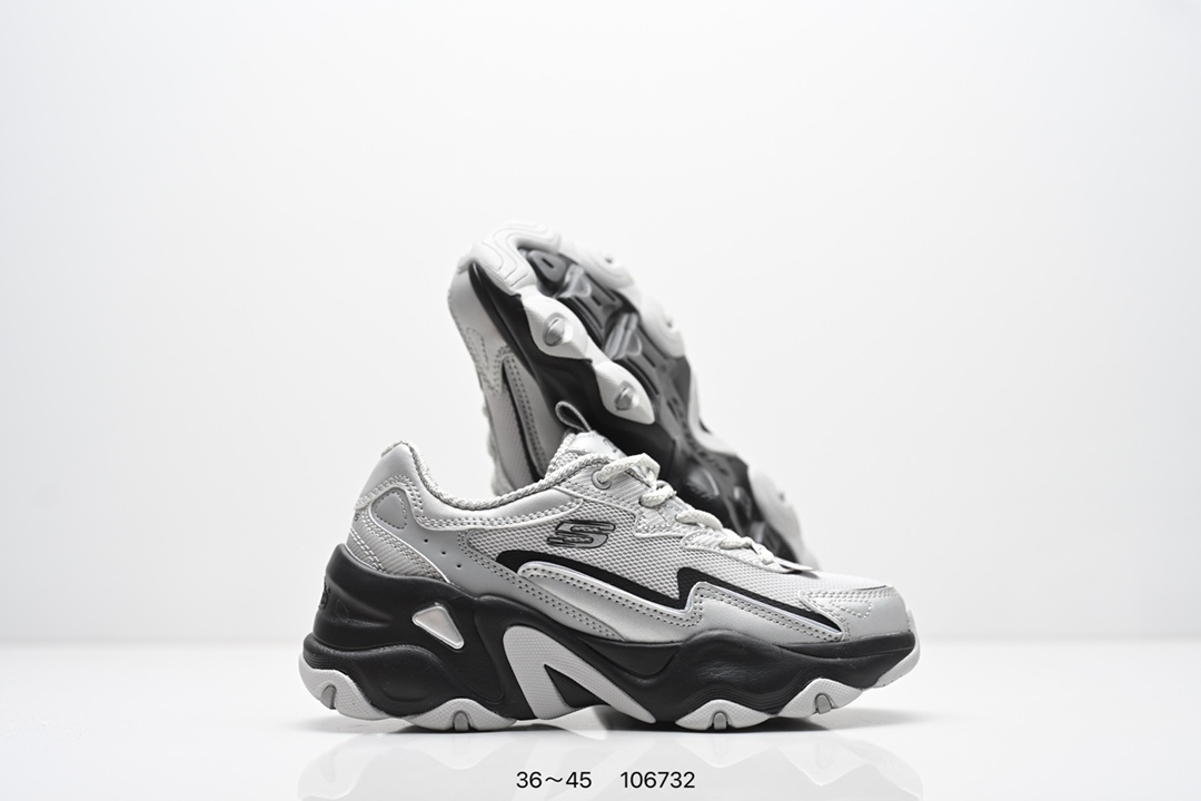 集合💰200
SKECHERS/斯凯奇 采用耐磨牛剖层皮革拼接网织布鞋面材质，护足充棉鞋扣,贴合脚踝，正确Air-Cooled记忆泡棉鞋垫双层结构高回弹，轻质耐磨吸震EVA橡胶材料鞋底组合仿生龙骨锯齿防滑底块❗️依旧经典百搭，美国运动休闲品牌&middot;斯凯奇Skechers D&ldquo;lites 1.0精英一代系列舒适熊猫老爹风厚底休闲运动复古慢跑 
货号：150524 / BKSL
码数：看图所示
编码：106732