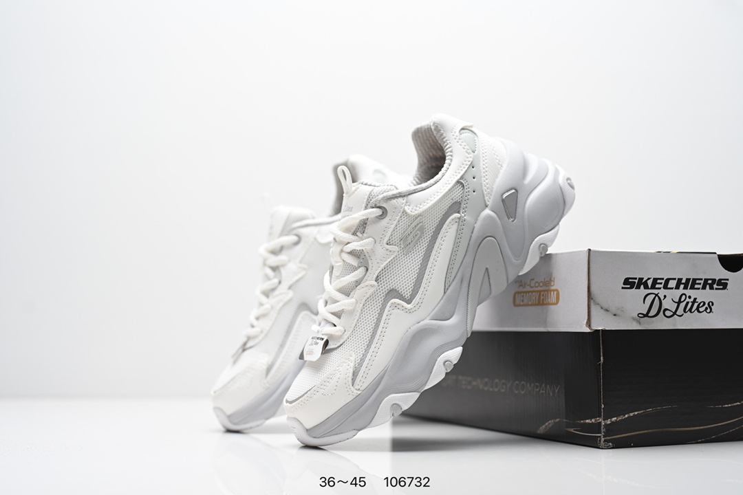 集合💰200
SKECHERS/斯凯奇 采用耐磨牛剖层皮革拼接网织布鞋面材质，护足充棉鞋扣,贴合脚踝，正确Air-Cooled记忆泡棉鞋垫双层结构高回弹，轻质耐磨吸震EVA橡胶材料鞋底组合仿生龙骨锯齿防滑底块❗️依旧经典百搭，美国运动休闲品牌&middot;斯凯奇Skechers D&ldquo;lites 1.0精英一代系列舒适熊猫老爹风厚底休闲运动复古慢跑 
货号：150524 / BKSL
码数：看图所示
编码：106732