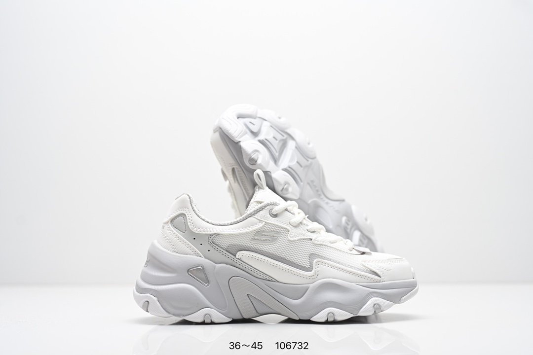 集合💰200
SKECHERS/斯凯奇 采用耐磨牛剖层皮革拼接网织布鞋面材质，护足充棉鞋扣,贴合脚踝，正确Air-Cooled记忆泡棉鞋垫双层结构高回弹，轻质耐磨吸震EVA橡胶材料鞋底组合仿生龙骨锯齿防滑底块❗️依旧经典百搭，美国运动休闲品牌&middot;斯凯奇Skechers D&ldquo;lites 1.0精英一代系列舒适熊猫老爹风厚底休闲运动复古慢跑 
货号：150524 / BKSL
码数：看图所示
编码：106732