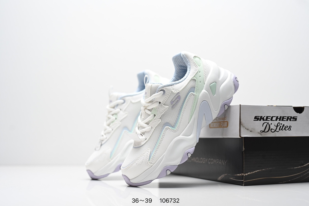 集合💰200
SKECHERS/斯凯奇 采用耐磨牛剖层皮革拼接网织布鞋面材质，护足充棉鞋扣,贴合脚踝，正确Air-Cooled记忆泡棉鞋垫双层结构高回弹，轻质耐磨吸震EVA橡胶材料鞋底组合仿生龙骨锯齿防滑底块❗️依旧经典百搭，美国运动休闲品牌&middot;斯凯奇Skechers D&ldquo;lites 1.0精英一代系列舒适熊猫老爹风厚底休闲运动复古慢跑 
货号：150524 / BKSL
码数：看图所示
编码：106732