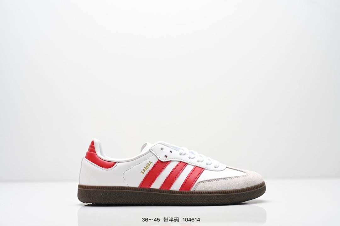 💰70
阿迪达斯 Original Samba OG 复古经典轻便板鞋 口碑大厂出品 品控大底版型不断改良更新 全套原纸板楦头开发 确保原汁原味 完美呈现版型 一比一鞋头弧度高度鞋身弧度 此版本只针对中端市场 皮料材质有所更替 其他数据细节工艺流程均保持一致 绝不口嗨 细节品控鞋型随意对比 正确烫金高频细节 原装纳米超迁皮料 独家私模橡胶大底 原盒原配 这款桑巴鞋展示了高质量的工艺 带有装饰的超锁缝制和无缝的手感 柔软、柔软的皮革造型和标志性的3条纹完成了精致的外观 正规合身鞋带 鞋面上有绒面鞋垫 橡胶鞋底 享受正畸套筒软感 自50年代首次亮相以来就一直在赢得粉丝的青睐 
货号：ID0478 
SIZE：36 36.5 37.5 38 38.5 39 40 40.5 41 42 42.5 43 44 44.5 45
编码：104614