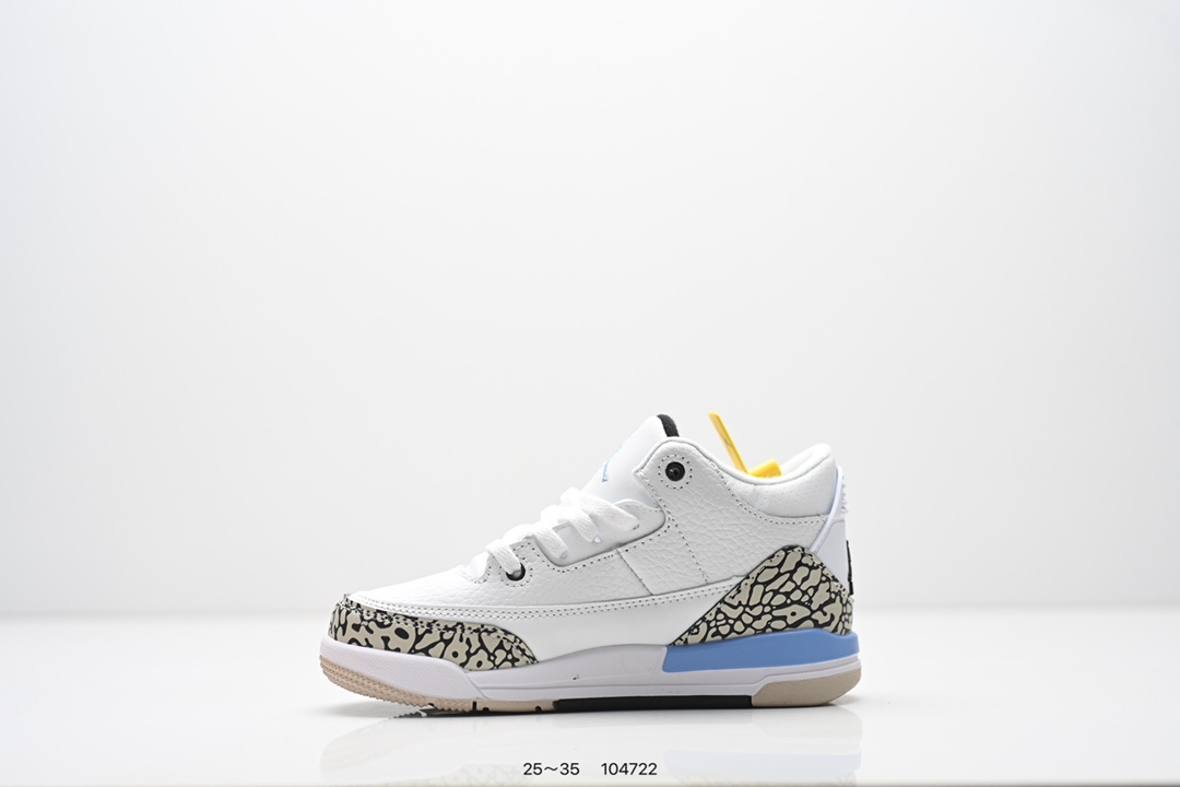 图片[3]-童鞋：Air Jordan 3 Retro 复刻白水泥 AJ3 乔丹3代 aj3 乔3 经典复刻白水泥 乔丹篮球鞋系列 鞋身以白色为主调，采用优质皮革材质搭配鞋头及后跟处的经典元素爆裂纹，搭配灰色外底，简约而不失活力，纯色鞋身也很好地渲染了其不凡的质感。至于细节，该鞋款后跟处的Jumpman Logo同样采用黑色打造，鞋口及鞋面则添加了透气孔设计，更适合炎热的夏日。 货号：DN3707-100 尺码：如图所示-选品中心