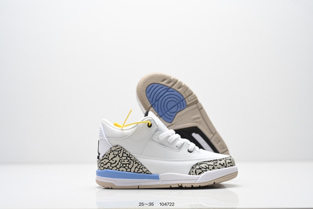 图片[5]-童鞋：Air Jordan 3 Retro 复刻白水泥 AJ3 乔丹3代 aj3 乔3 经典复刻白水泥 乔丹篮球鞋系列 鞋身以白色为主调，采用优质皮革材质搭配鞋头及后跟处的经典元素爆裂纹，搭配灰色外底，简约而不失活力，纯色鞋身也很好地渲染了其不凡的质感。至于细节，该鞋款后跟处的Jumpman Logo同样采用黑色打造，鞋口及鞋面则添加了透气孔设计，更适合炎热的夏日。 货号：DN3707-100 尺码：如图所示-选品中心