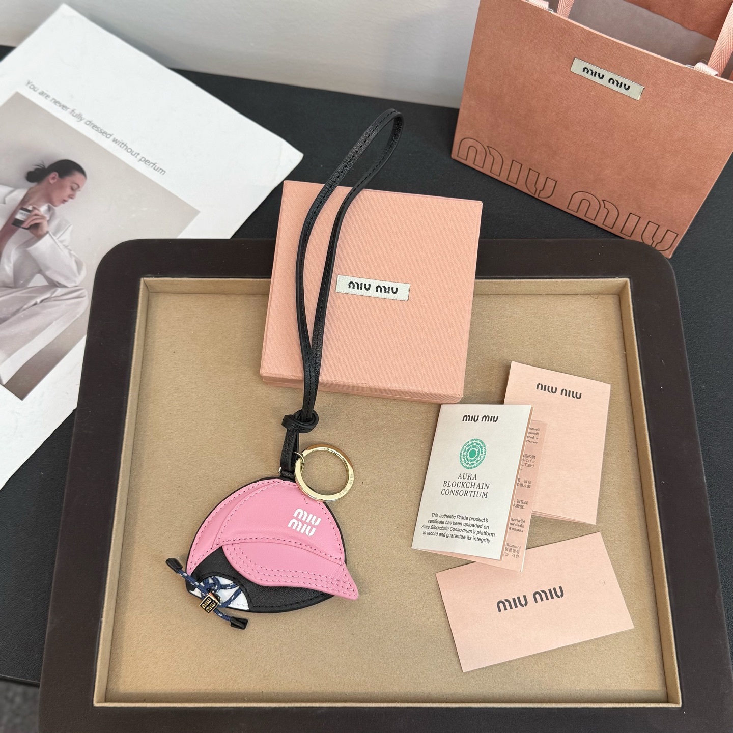 Miu Miu Leather Baseball Cap Bag Charm Key Chain, Pink/Black, Unique Gift