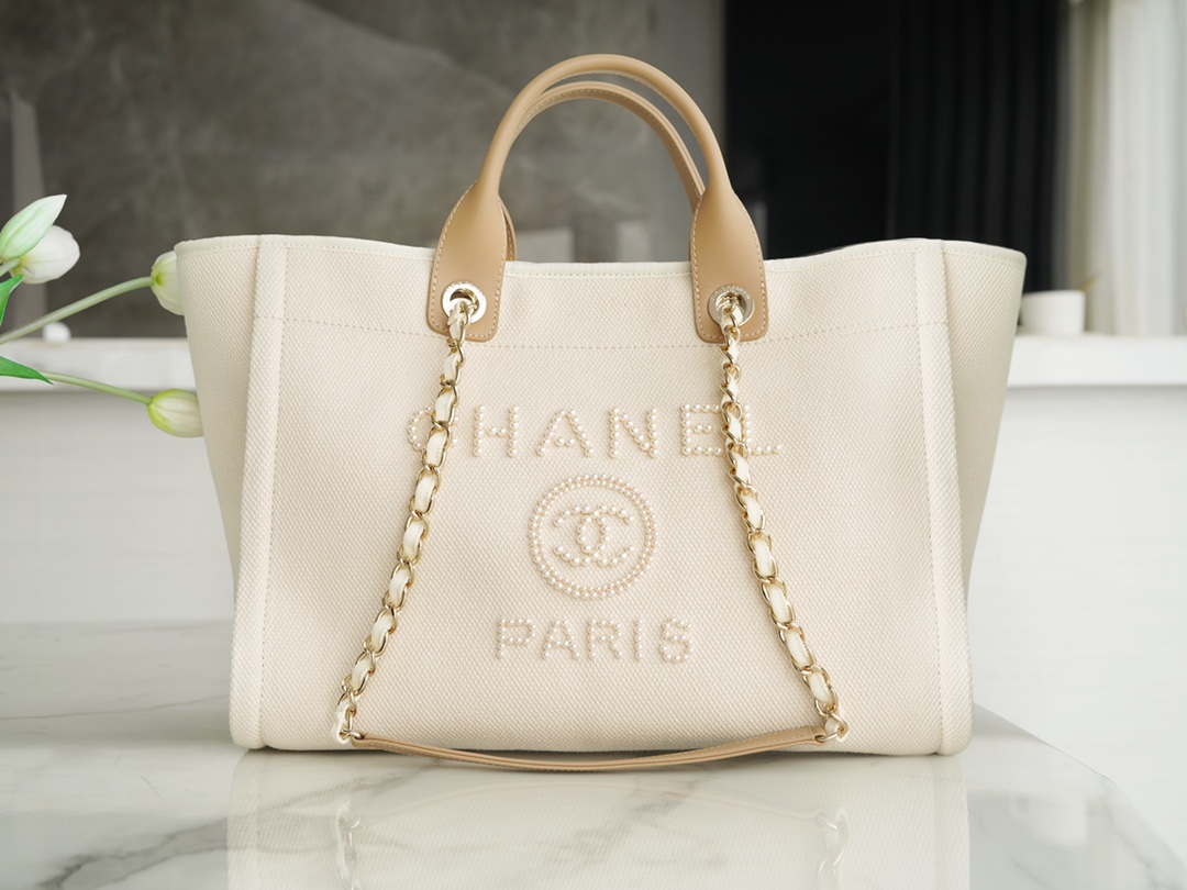 Chanel Bags Handbags Beige White Embroidery Canvas Beach