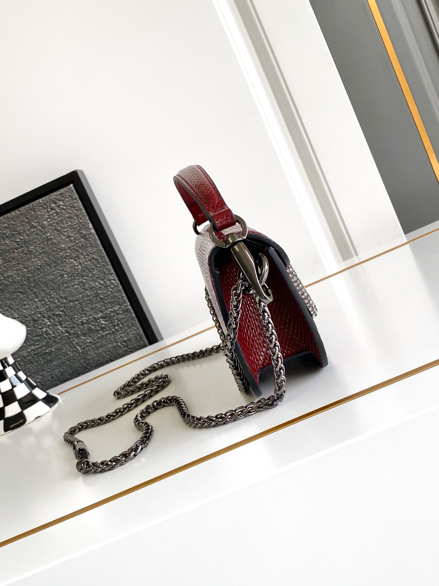 🆕小号蛇纹LOCÒ仿水晶装饰手袋 -VLogo Signature施华洛世奇®仿水晶装饰 -配可拆卸提手