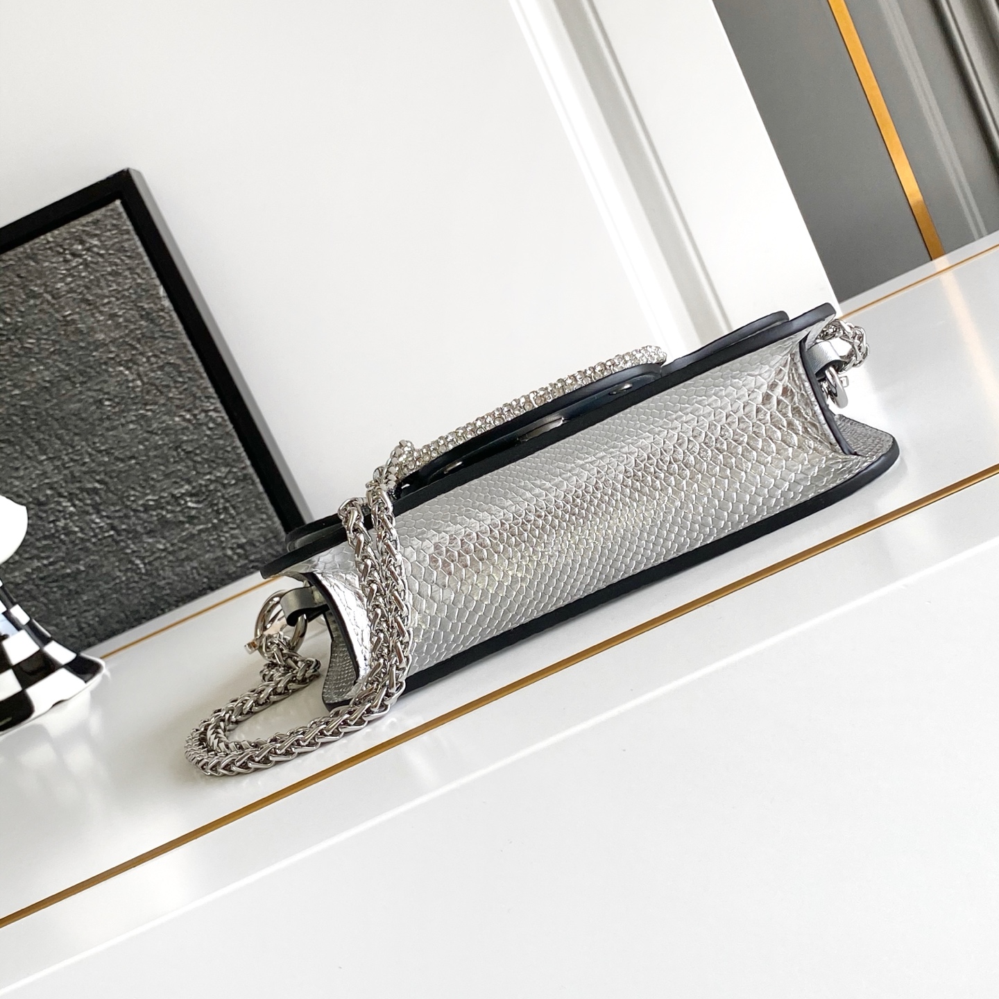 🆕小号蛇纹LOCÒ仿水晶装饰手袋 -VLogo Signature施华洛世奇®仿水晶装饰 -配可拆卸提手