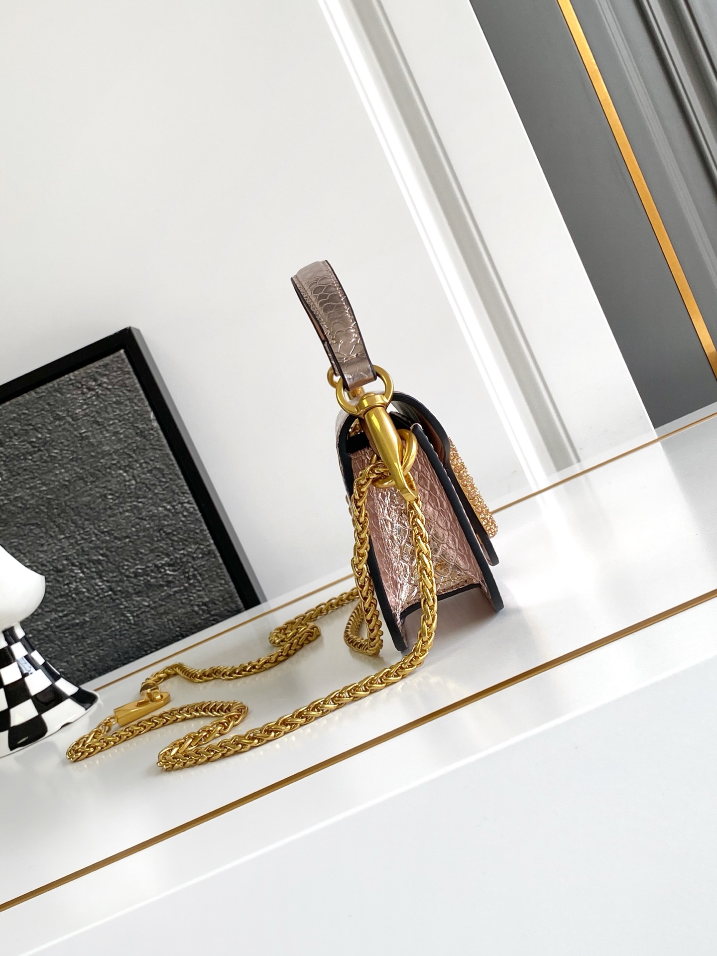 🆕小号蛇纹LOCÒ仿水晶装饰手袋 -VLogo Signature施华洛世奇®仿水晶装饰 -配可拆卸提手