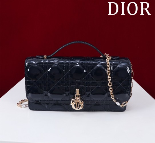 Dior Blue Patent Leather Clutch with Pearl Chain and Cannage Stitching 1 Dior Blue Patent Leather Clutch with Pearl Chain and Cannage Stitching