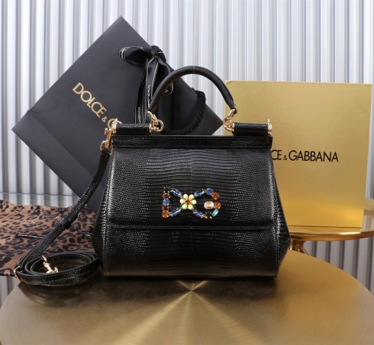 Dolce&Gabbana Black Leather Mini Sicily Bag with Jeweled DG Logo 1 Dolce&Gabbana Black Leather Mini Sicily Bag with Jeweled DG Logo