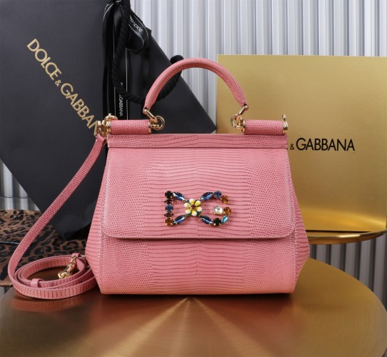Dolce & Gabbana Pink Leather Top Handle Bag with Jeweled Logo, 20x16x8cm 1 Dolce & Gabbana Pink Leather Top Handle Bag with Jeweled Logo, 20x16x8cm