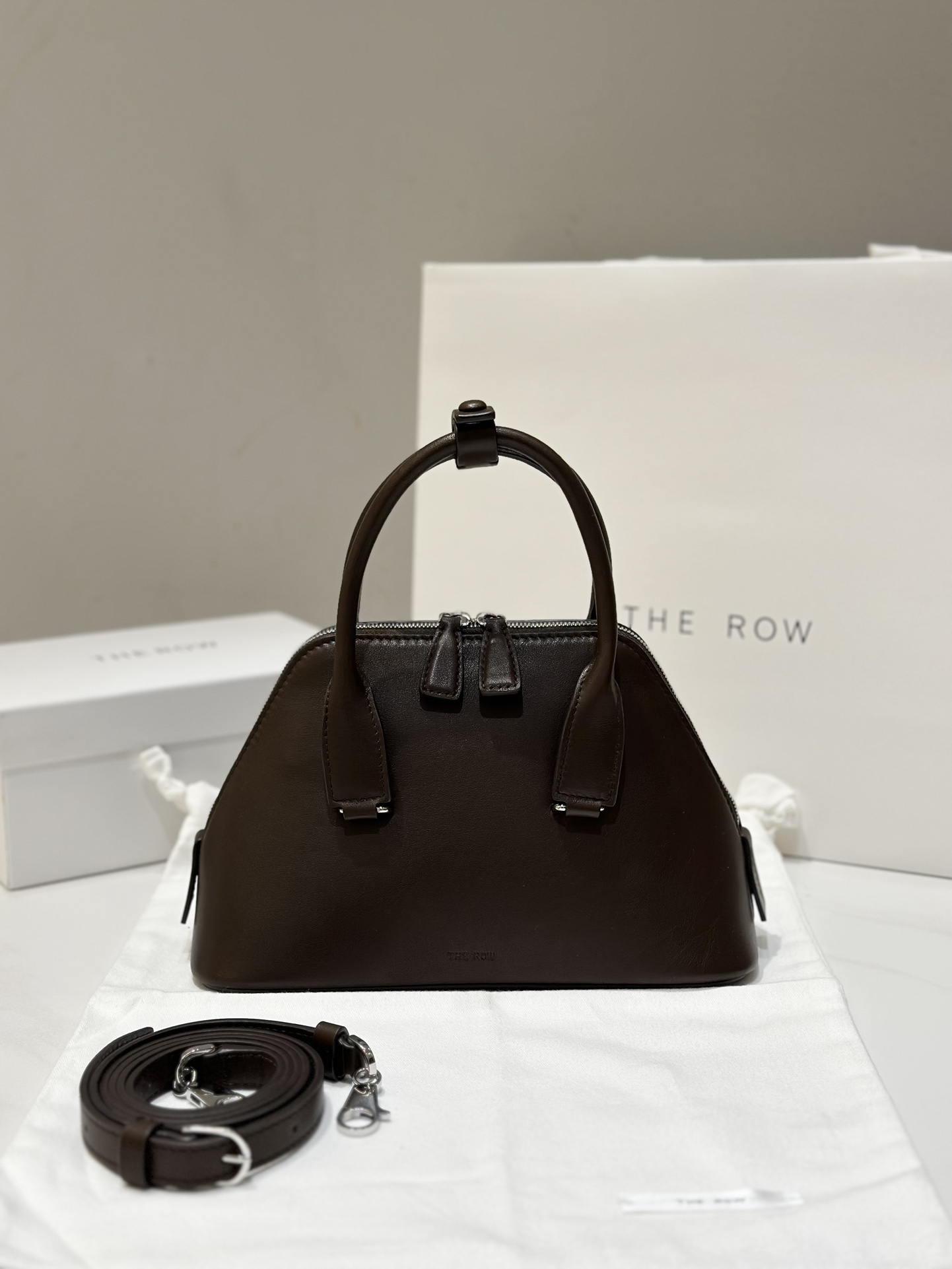 THE ROW 酒红 牛皮 梯形 手提 斜挎 迷你托特