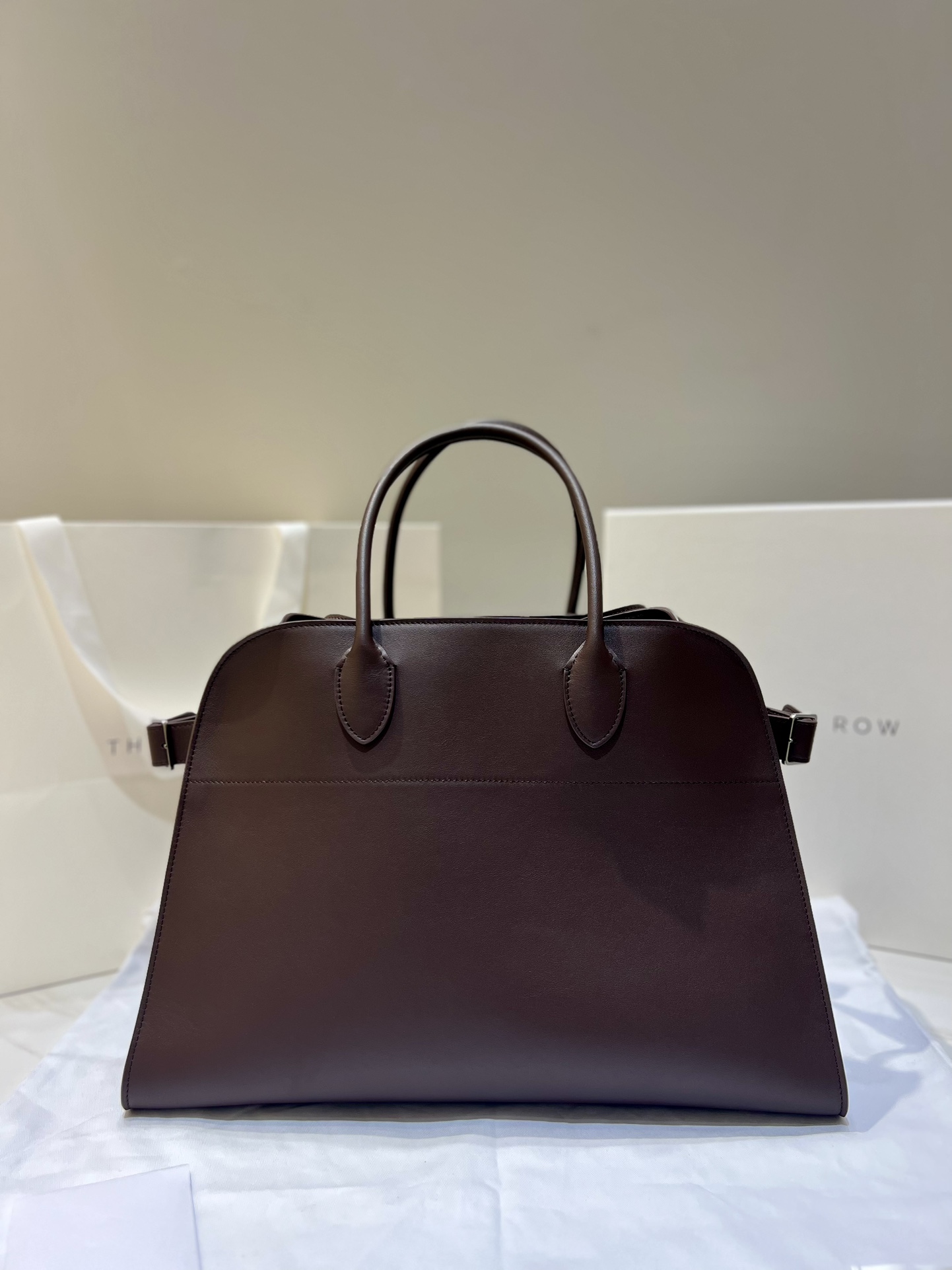 Dark Brown Grainy Calfskin Trapezoid Handbag with Side Strap