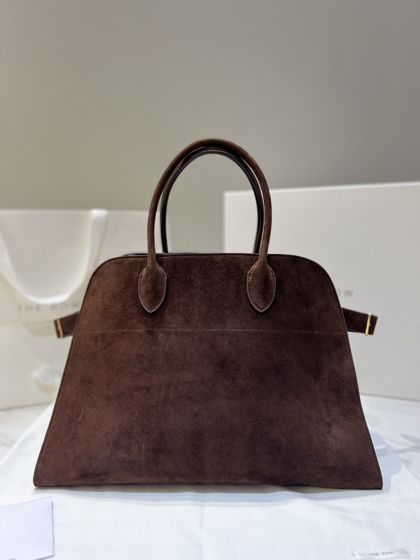 Suede Handbag Trapezoid Double Handles Side Buckle