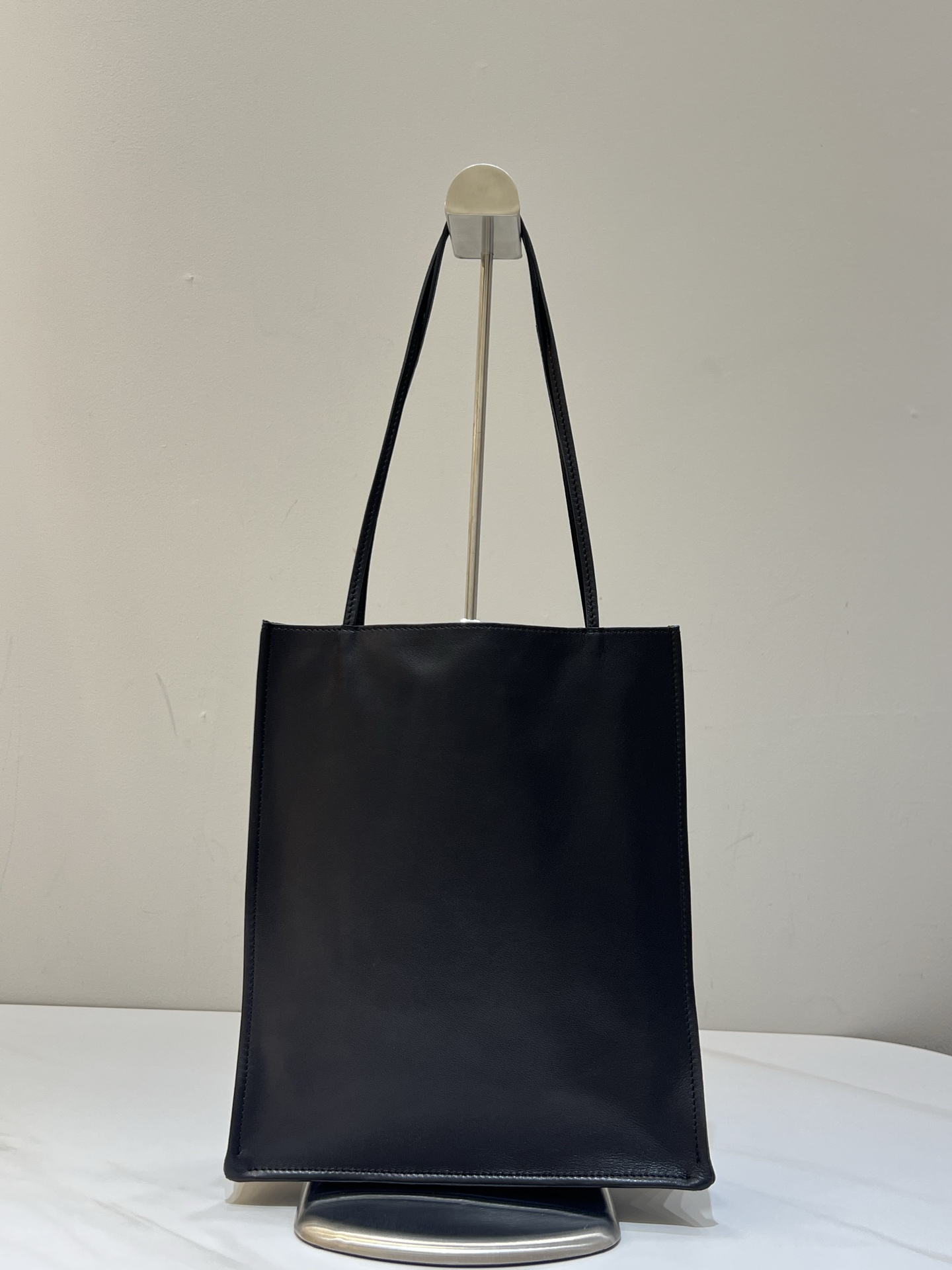 Leather Tote Bag Open Top Double Shoulder Strap Black