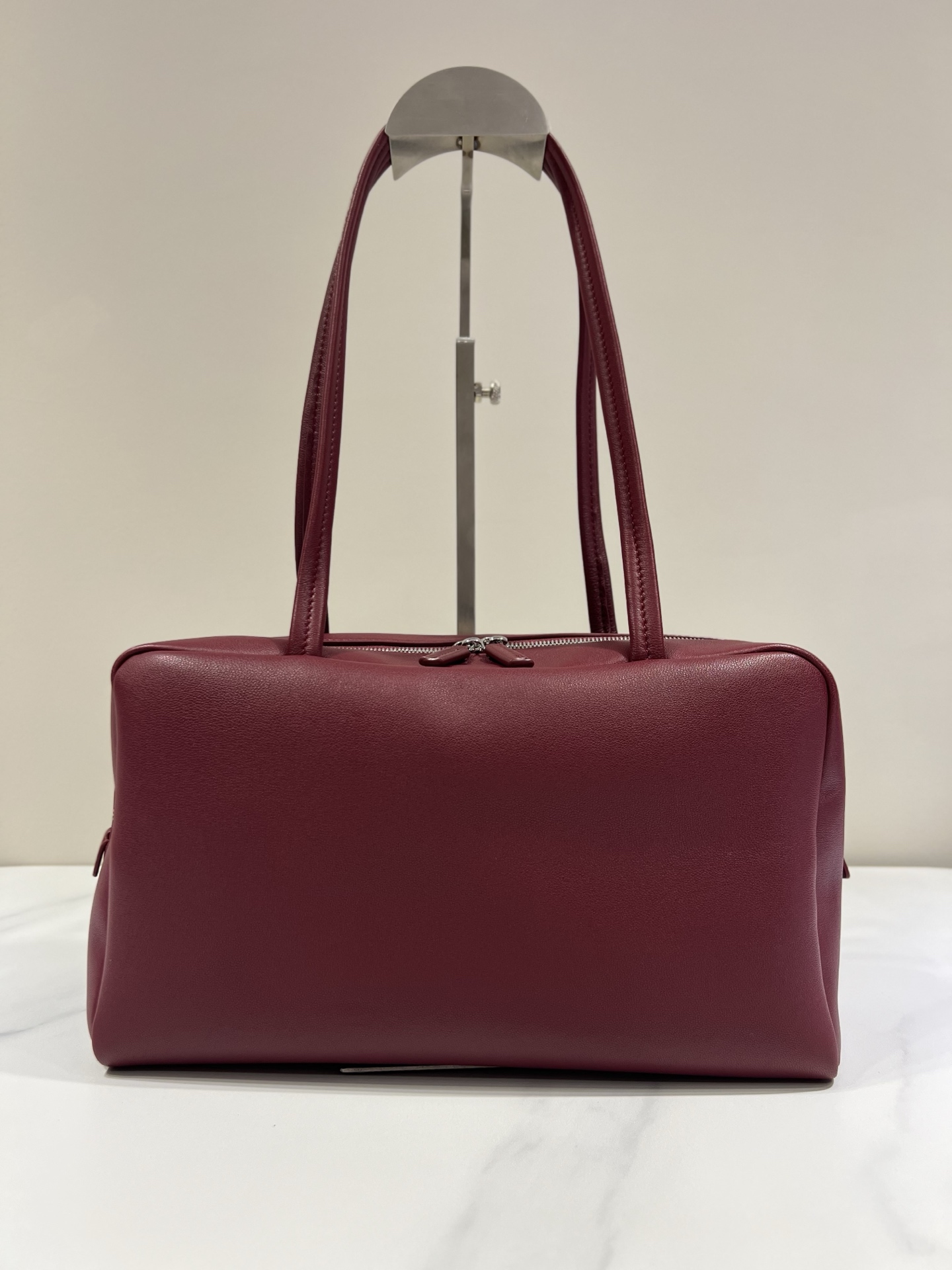 Lambskin Bowling Bag Double Zipper Long Handle Handbag