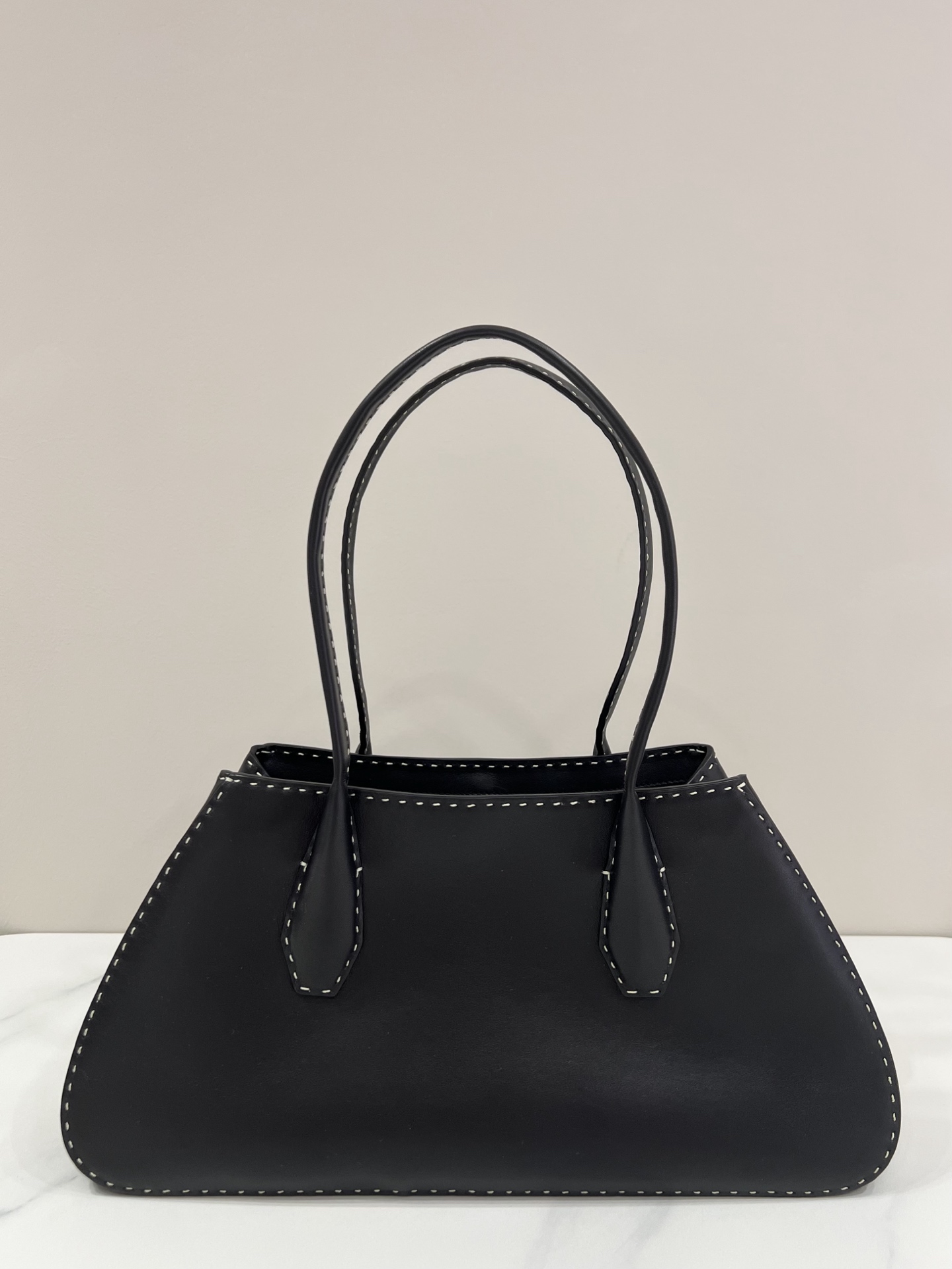 The Row Alger Black Topstitched Trapeze Handbag