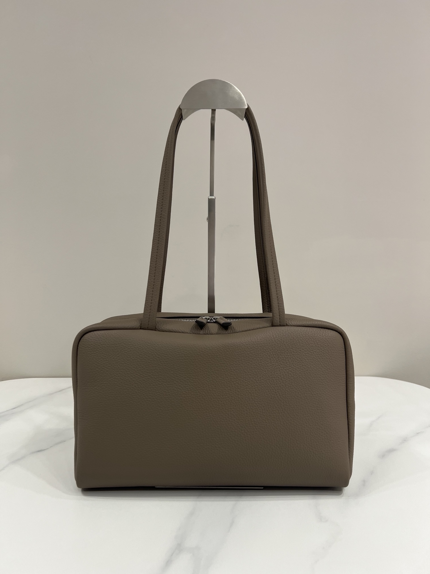 Astra Bowling Bag Lychee Grain Cowhide Elephant Grey Double Zipper