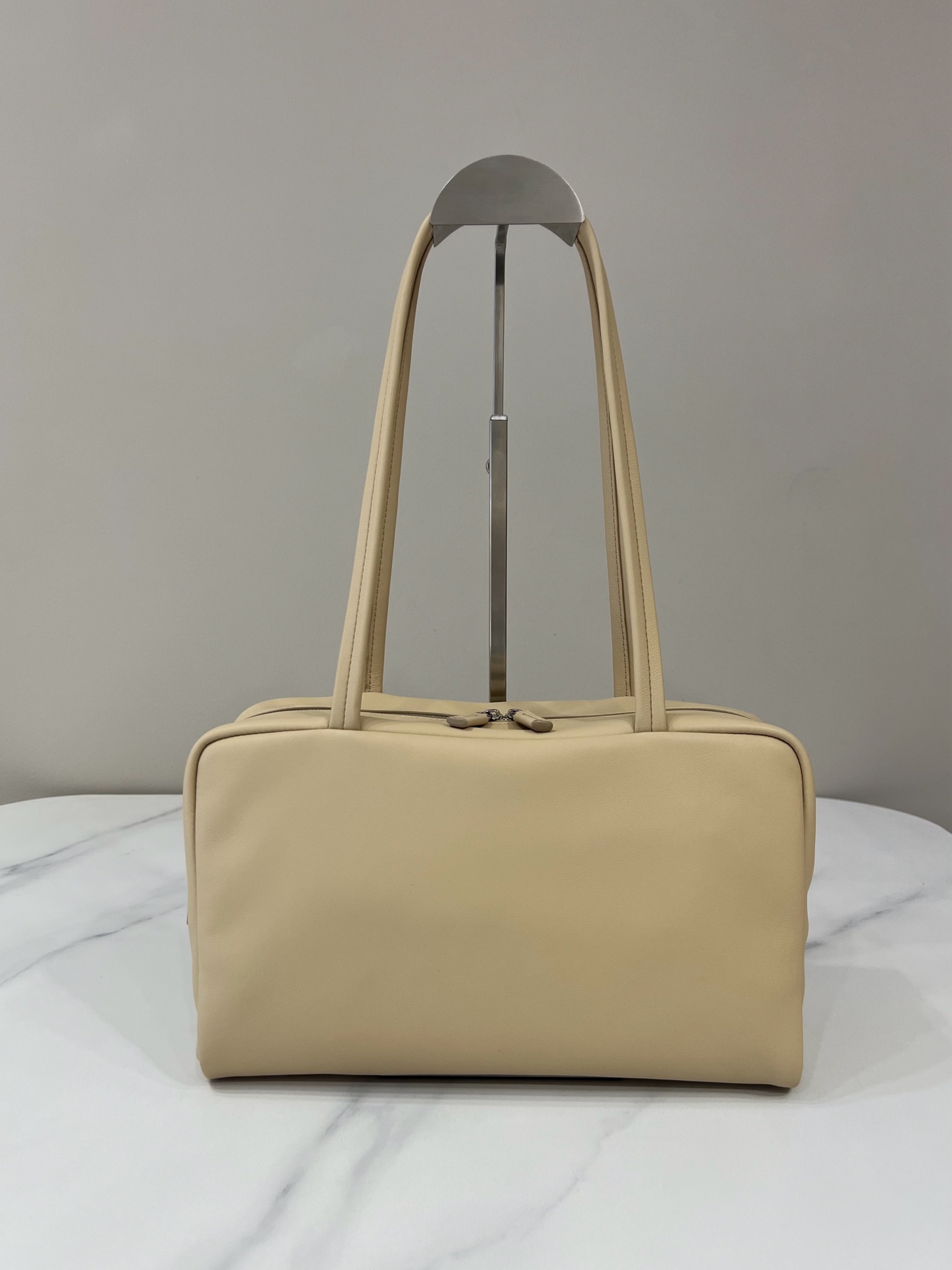 Lambskin Bowling Bag Double Zipper Long Handle Cream Yellow