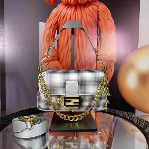 Fendi Silver Mini Baguette Bag with Gold Chain and Medusa Embellishments 1 Fendi Silver Mini Baguette Bag with Gold Chain and Medusa Embellishments