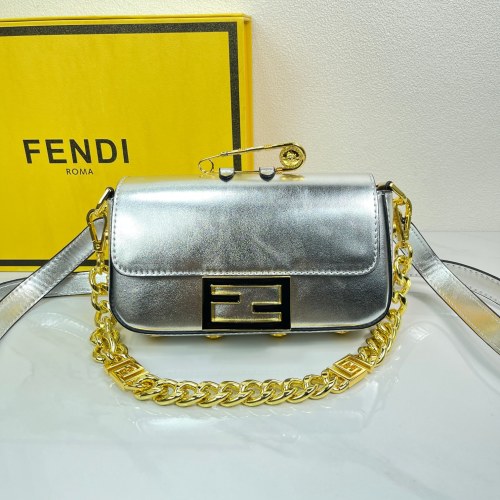 Fendi Baguette Bag Silver Nappa Leather with Chain Strap and Medusa Accent 1 Fendi Baguette Bag Silver Nappa Leather with Chain Strap and Medusa Accent