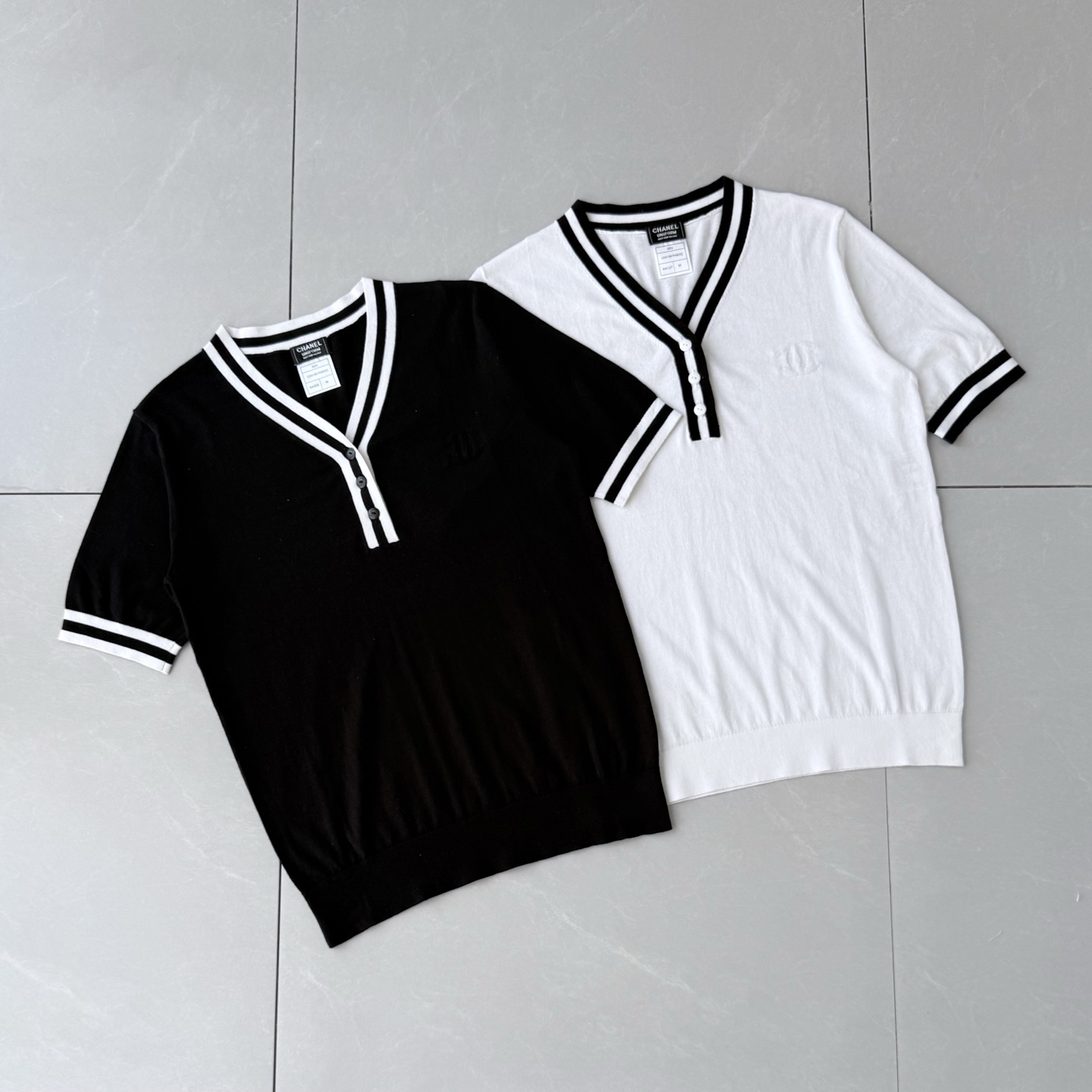 Chanel Women's Striped Trim Knit Short Sleeve Top - Soft & Comfortable 2 i1746803378384 749 0 0