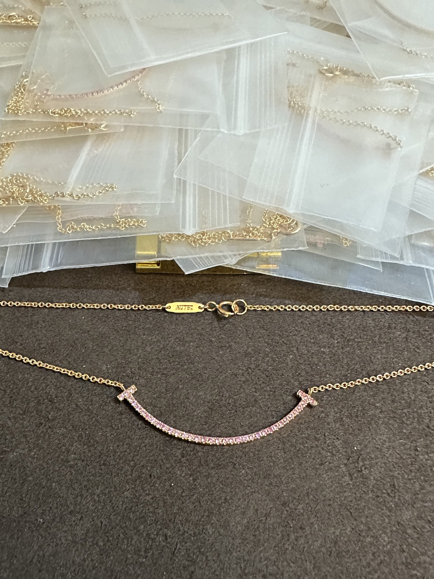 纯银顶级版蒂芙尼中号笑脸玫瑰金粉钻项链