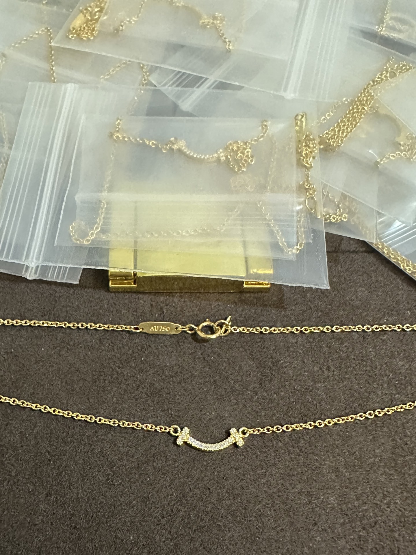 纯银顶级版蒂芙尼迷你笑脸金色带钻项链