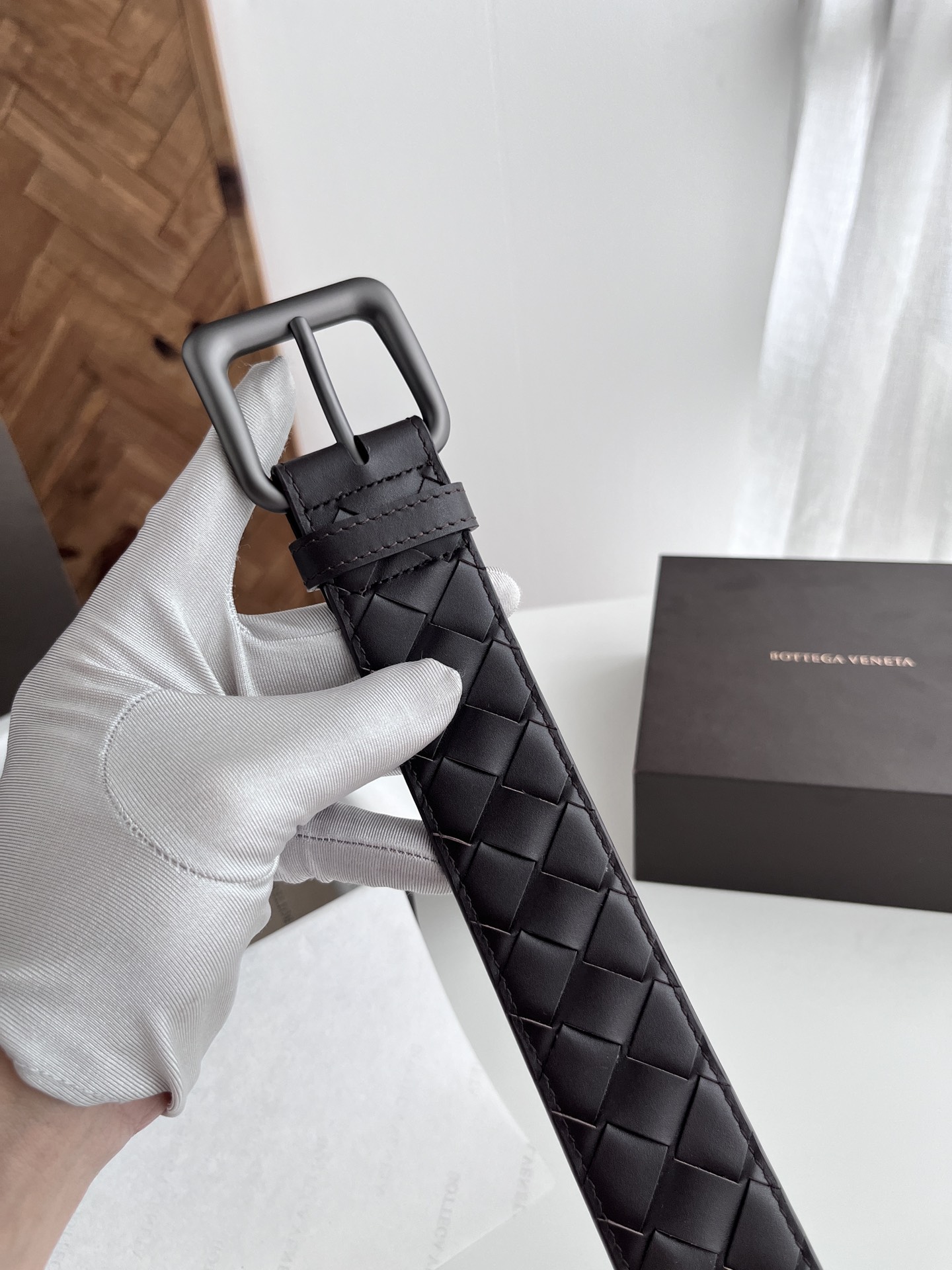 Bottega Veneta 代购级 BV 2024宽版男士腰带 纯手工大格子intreccio编织意大利小牛皮 搭配真空枪色针扣 皮带宽度4