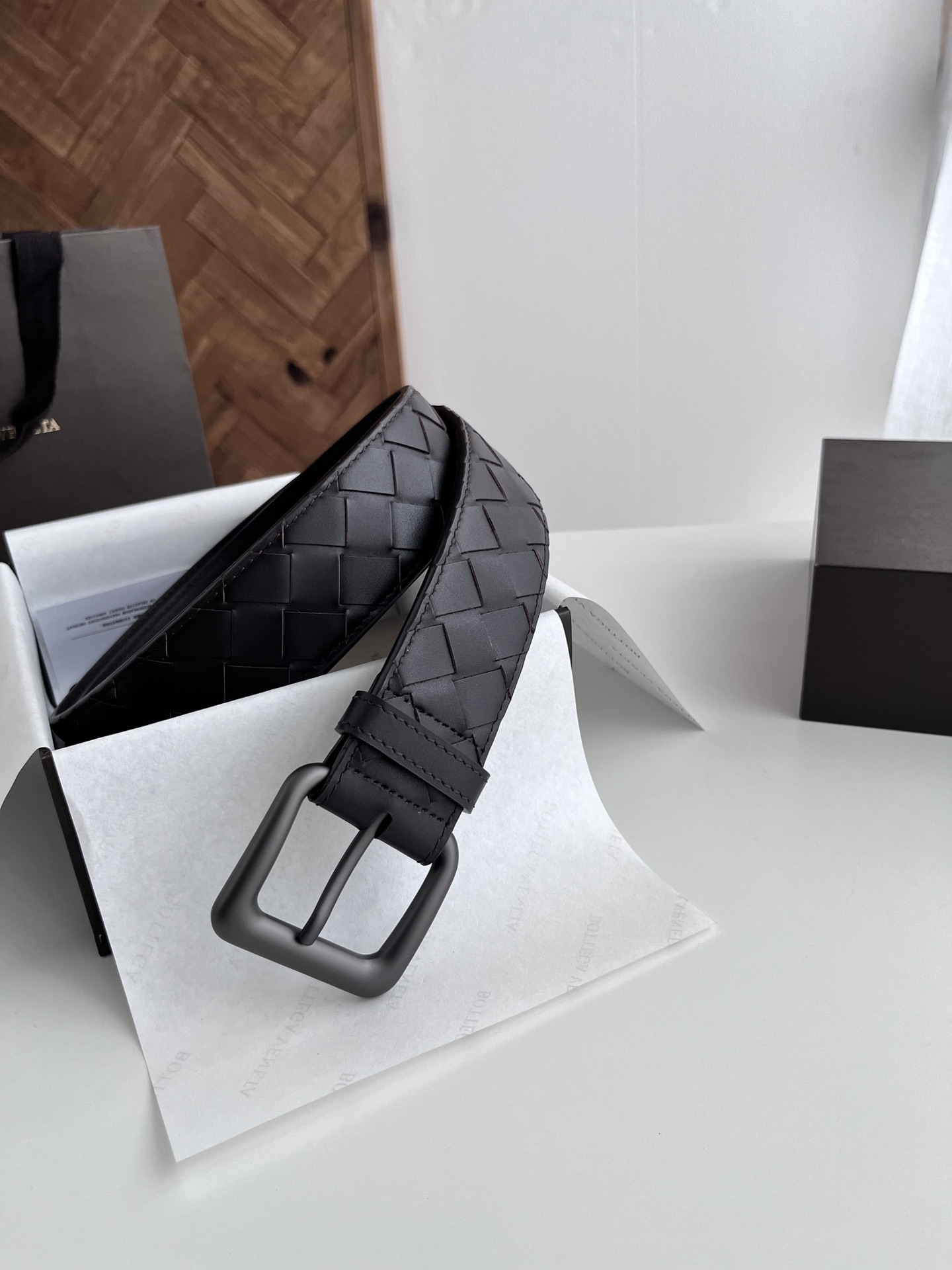 Bottega Veneta 代购级 BV 2024宽版男士腰带 纯手工大格子intreccio编织意大利小牛皮 搭配真空枪色针扣 皮带宽度4