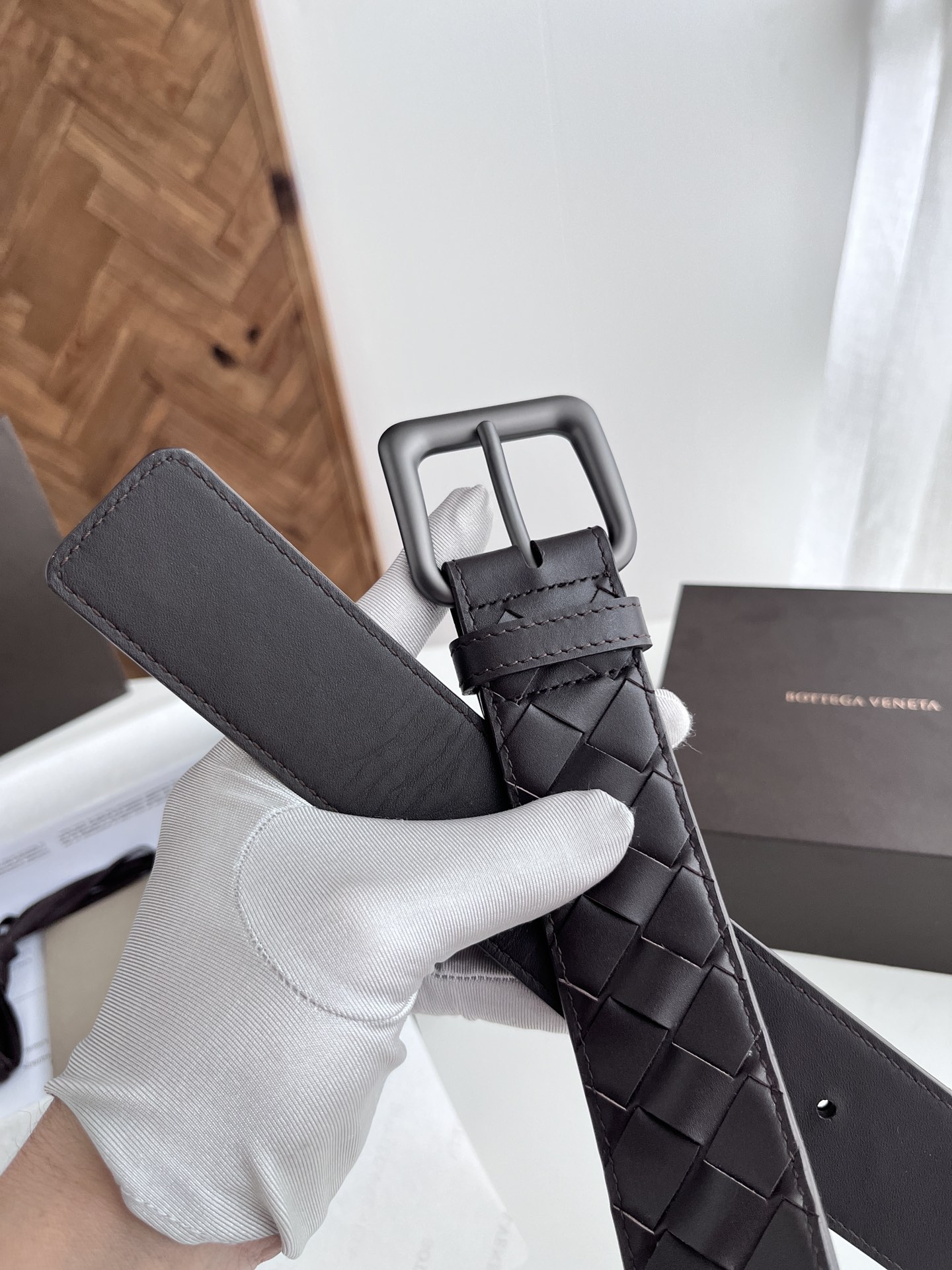 Bottega Veneta 代购级 BV 2024宽版男士腰带 纯手工大格子intreccio编织意大利小牛皮 搭配真空枪色针扣 皮带宽度4