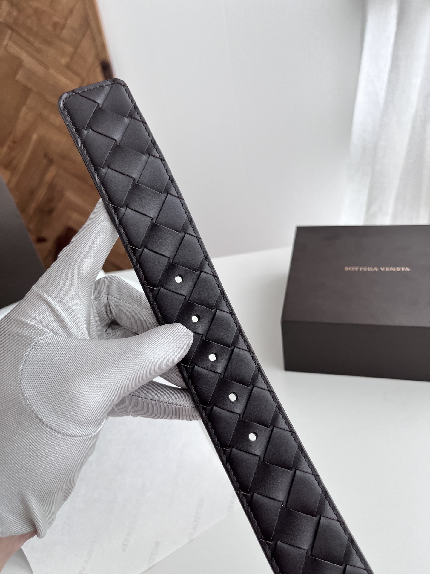 Bottega Veneta 代购级 BV 2024宽版男士腰带 纯手工大格子intreccio编织意大利小牛皮 搭配真空枪色针扣 皮带宽度4