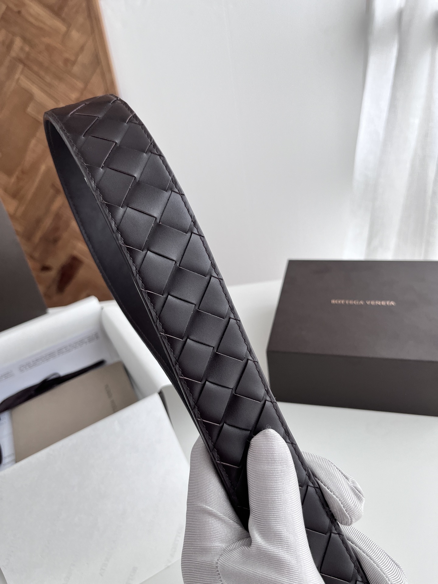 Bottega Veneta 代购级 BV 2024宽版男士腰带 纯手工大格子intreccio编织意大利小牛皮 搭配真空枪色针扣 皮带宽度4