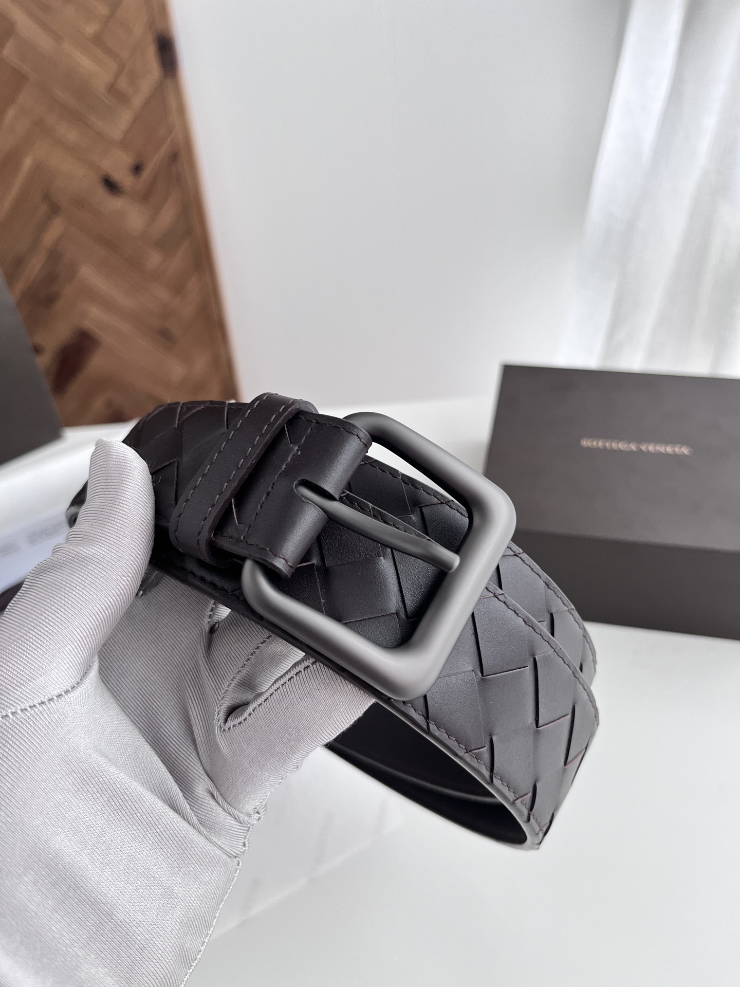 Bottega Veneta 代购级 BV 2024宽版男士腰带 纯手工大格子intreccio编织意大利小牛皮 搭配真空枪色针扣 皮带宽度4