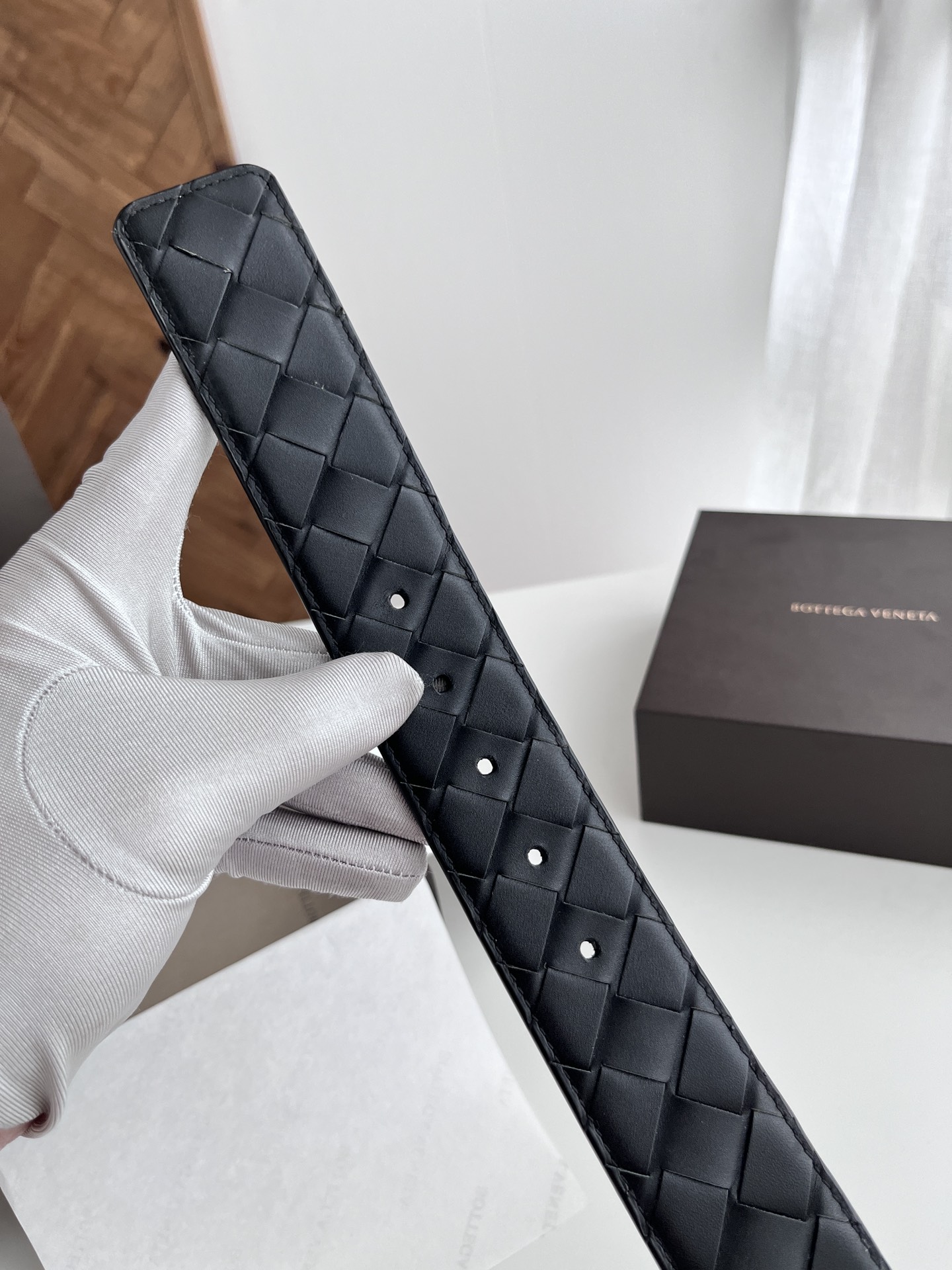Bottega Veneta 代购级 BV 2024宽版男士腰带 纯手工大格子intreccio编织意大利小牛皮 搭配真空枪色针扣 皮带宽度4