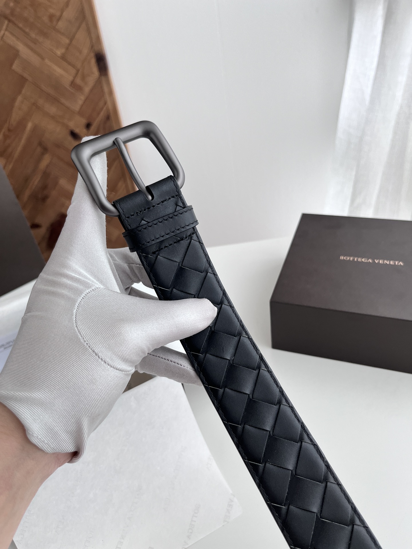 Bottega Veneta 代购级 BV 2024宽版男士腰带 纯手工大格子intreccio编织意大利小牛皮 搭配真空枪色针扣 皮带宽度4