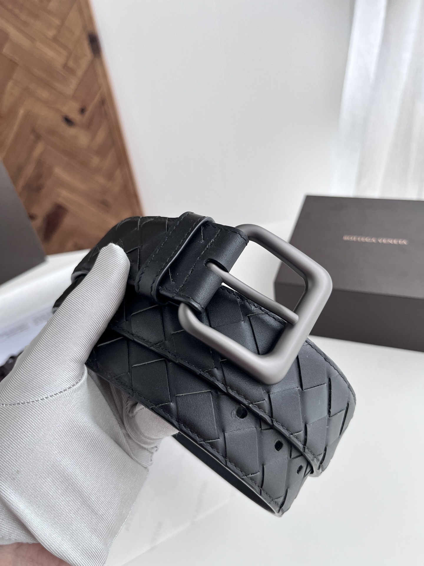 Bottega Veneta 代购级 BV 2024宽版男士腰带 纯手工大格子intreccio编织意大利小牛皮 搭配真空枪色针扣 皮带宽度4