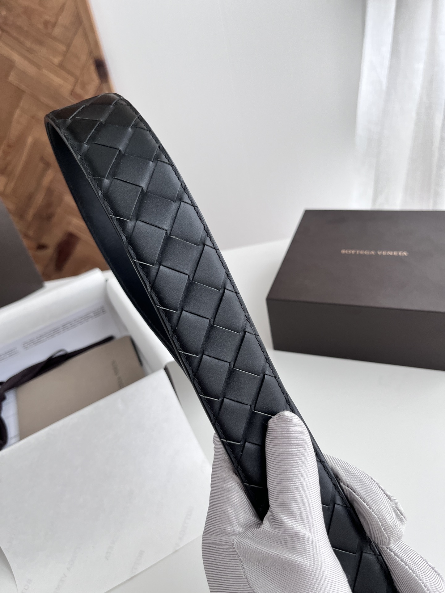 Bottega Veneta 代购级 BV 2024宽版男士腰带 纯手工大格子intreccio编织意大利小牛皮 搭配真空枪色针扣 皮带宽度4