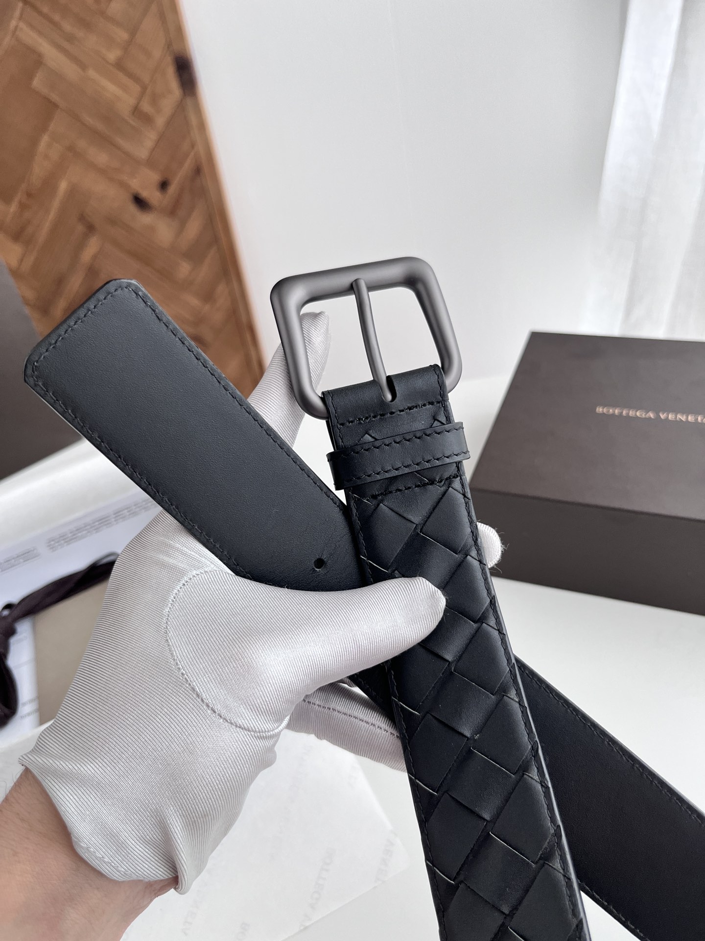 Bottega Veneta 代购级 BV 2024宽版男士腰带 纯手工大格子intreccio编织意大利小牛皮 搭配真空枪色针扣 皮带宽度4