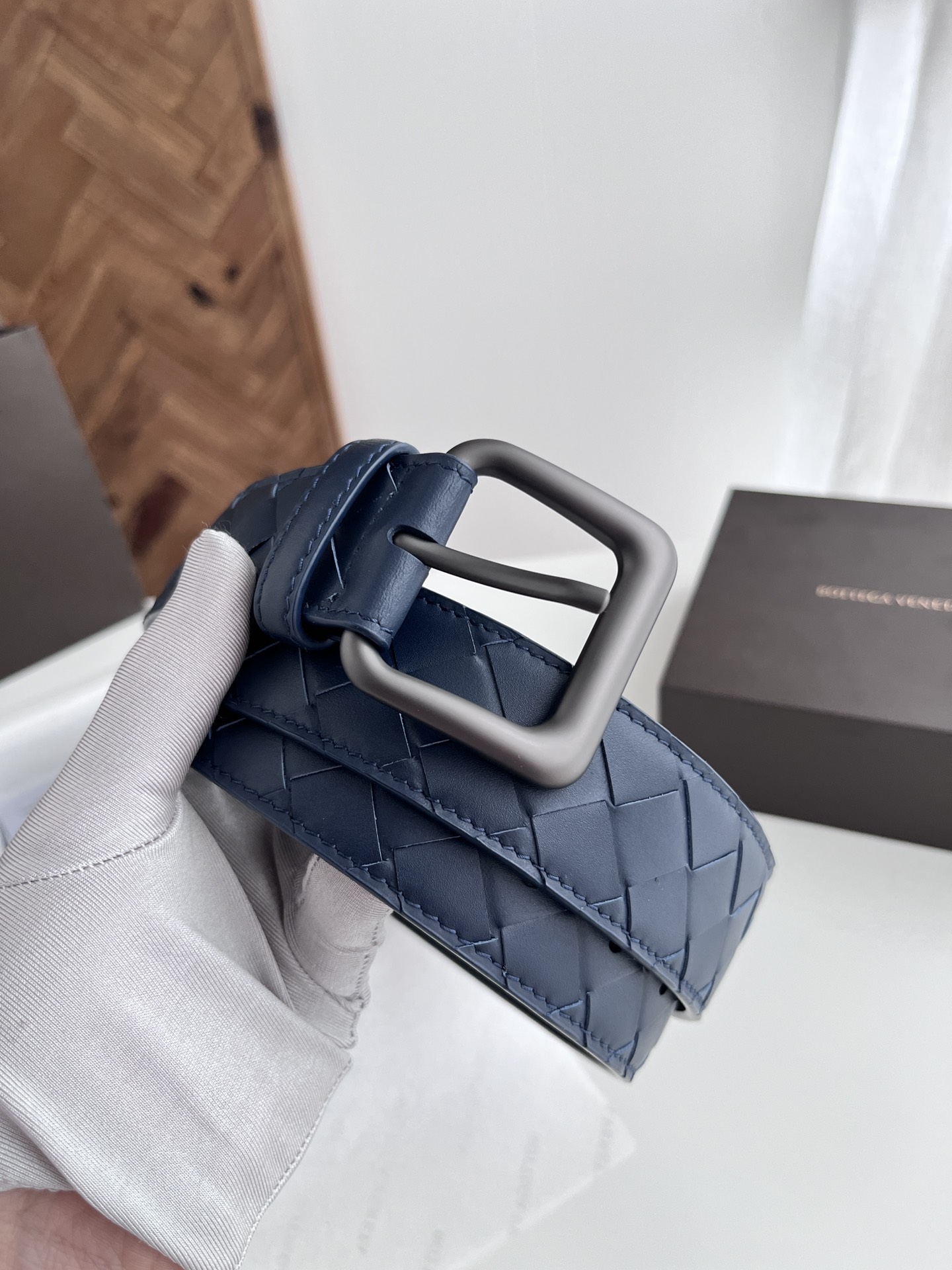 Bottega Veneta 代购级 BV 2024宽版男士腰带 纯手工大格子intreccio编织意大利小牛皮 搭配真空枪色针扣 皮带宽度4