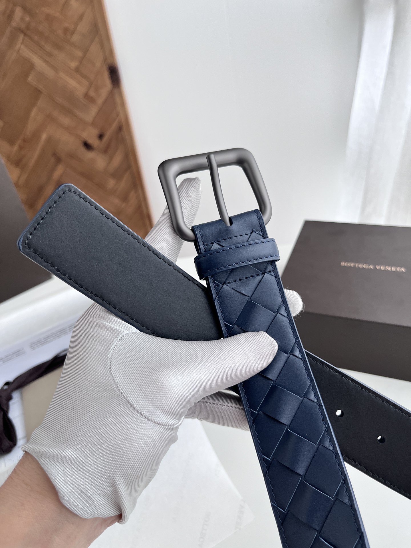 Bottega Veneta 代购级 BV 2024宽版男士腰带 纯手工大格子intreccio编织意大利小牛皮 搭配真空枪色针扣 皮带宽度4