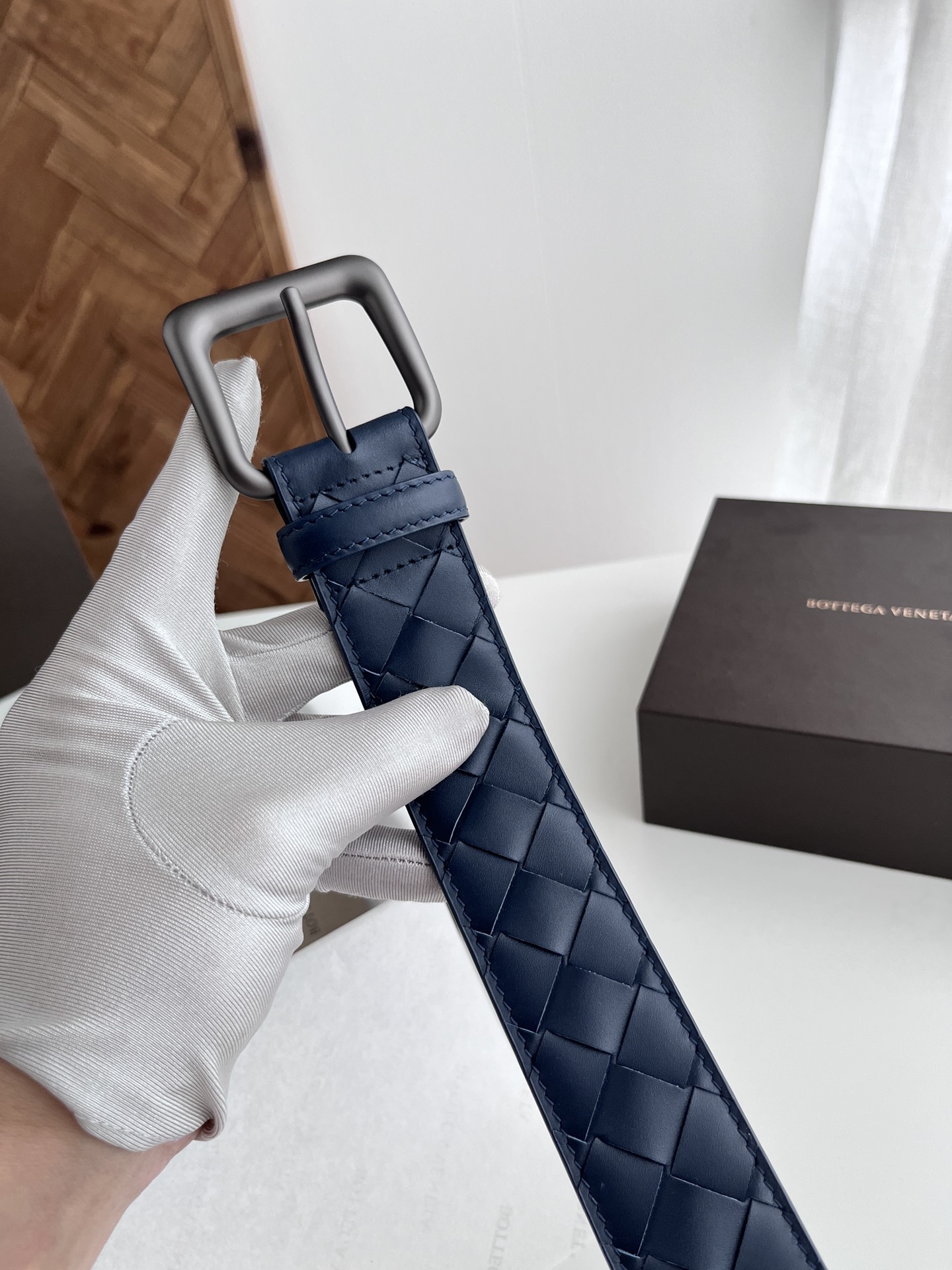 Bottega Veneta 代购级 BV 2024宽版男士腰带 纯手工大格子intreccio编织意大利小牛皮 搭配真空枪色针扣 皮带宽度4