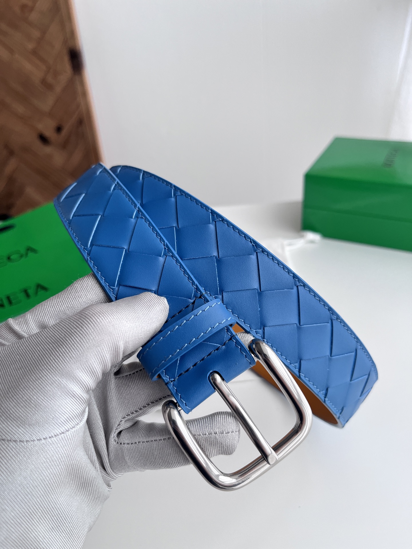 Bv 2025最新款男士编织腰带 纯手工intreccio大格子编织 双面意大利小牛皮搭配微复古银色针扣