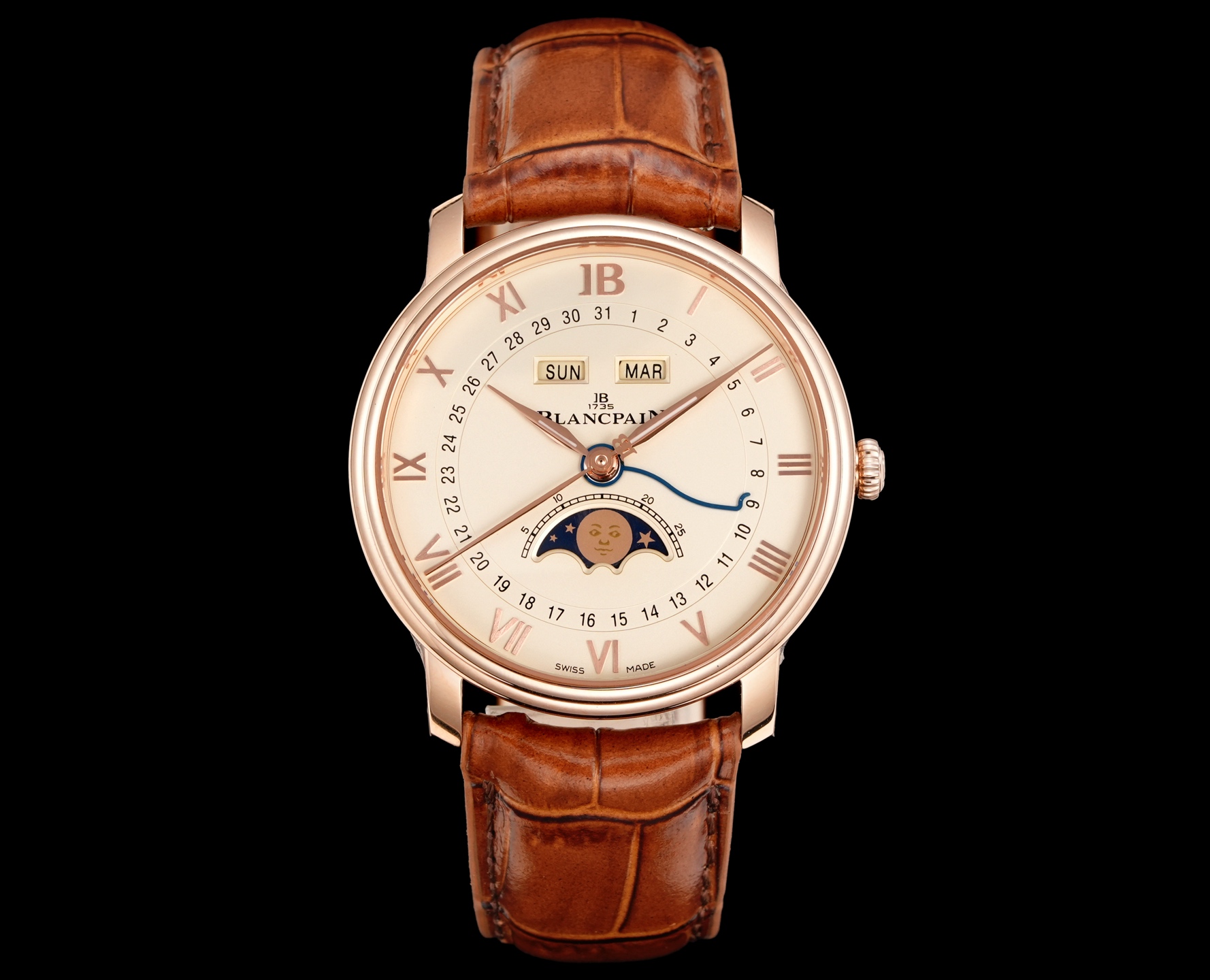 NO:858525,Classics will never go out of style and will only come back again and again!  GR Factory's new Blancpain Classic V Series Full Calendar Moon Phase Watch 6654N 1. Stepped case, simple yet three-dimensional, with a diameter of 40. 2. The dial details have been updated with Blancpain JB instead of Roman numerals at 12 o'clock, and the scales have been straight-line polished, which is more in line with modern aesthetics. 3. New luminous hands, large logo seconds hand, and blue steel calendar hand, all three perform their own duties. The 11 o'clock and 1 o'clock windows display the day of the week and the month.  Equipped with the 6654.5 self-winding movement, the power reserve is up to 48 hours, the new hollow gold automatic rotor, the four-way hidden adjustment buttons are cleverly integrated into the lugs, taking into account both convenient operation and aesthetic balance. Blancpain's moon phase face was once talked about by watch friends, and the playful little face has the same effect as the emoji expression.  It is not only a tool to record time, but also an art treasure on the wrist, highlighting the noble temperament of the wearer. It can become the focus of attention in both business and leisure occasions.,19860909经典不会过时,只会不断重来！ GR Factory新品宝珀经典新V系列全历月相腕表6654N 1阶梯式表壳,简约中有立体感,表径40 2 盘面细节焕新12点用宝珀JB替代罗马字,刻度变成直线形打磨,更符合现代人审美. 3全新夜光指针、logo大秒针、蓝钢日历针,三者各司其职,11点位与1点位窗口,显示星期与月份. 搭载6654.5自动上链机芯,动力储存长达48小时,全新镂空金质自动陀,四方位隐藏式调校按钮巧妙融入表耳,兼顾便捷操作与美学平衡,宝珀的月相脸一度被表友们津津乐道,俏皮小脸与emoji表情有异曲同工之妙. 它不仅是记录时间的工具,更是腕间的艺术珍品,彰显佩戴者的尊贵气质,无论商务还是休闲场合,都能成为焦点.,,Watch
